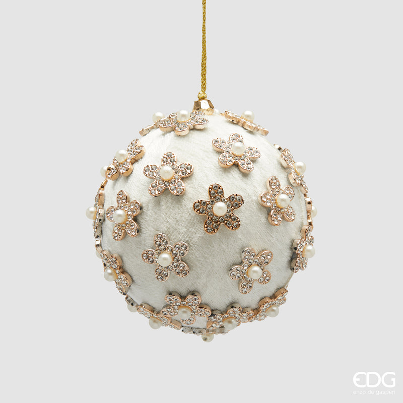 Palla Flower EDG d. 10 cm bianco e argento con fiori applicati