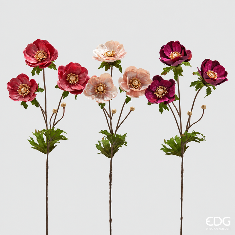 Anemone Velluto EDG ramo x3 con foglie H80 cm
